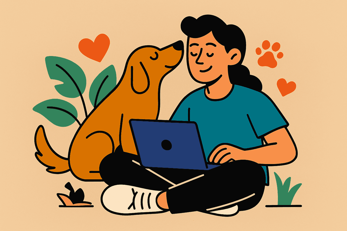 estudiante acariciando a su mascotas mientras hace una tarea